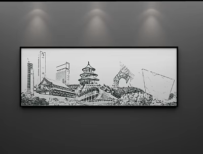 Black and White Landscape Painting Featuring Traditional And Modern Architecture Hanging Illuminated By Spotlights 3d model