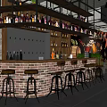Industrial Style Bar Interior With Brick Counter Wine Bottles And Wooden Stools