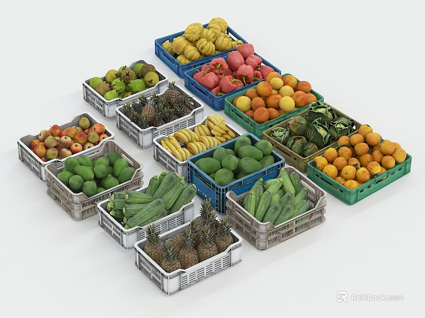 Fresh Vegetables Displayed in Colorful Baskets with Green Leafy Veggies Carrots and Cucumbers 3d model 