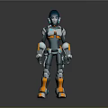 Futuristic Robot Game Movie Character With Blue Orange Mechanical Armor And Metallic Texture