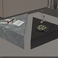 Contemporary Coffee Table Featuring Green Marble Dark Wood Surface Magazine And Green Fruits On Tray