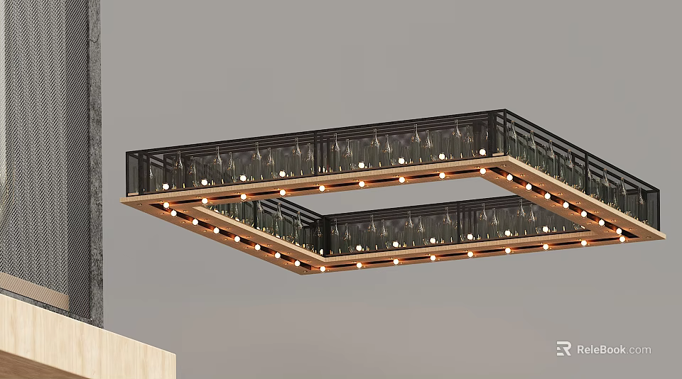 Modern Square Ceiling Light With Black Frame And Multiple Warm White Bulbs 3d model