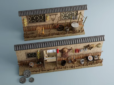 Traditional Hardware Tools Display in Vintage House Model with Hanging and Shelved Tools 3d model