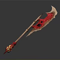 Red and Gold Ornate Weapon With Long Handle Scythe Blade and Gemstone Accents