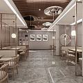 Elegant Modern Chinese Restaurant Interior With Hanging Lamps Round Mirrors And Wooden Tables