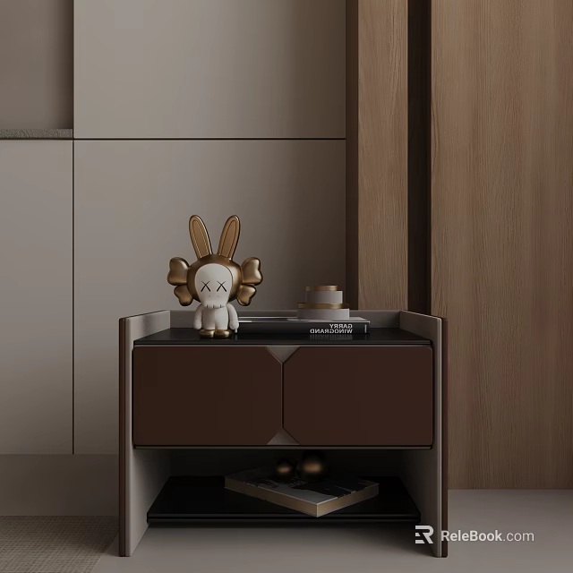 Modern Dark Brown Side Table with Rabbit Figurine and Gold Accents in Interior 3d model 