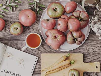 Fresh Vegetables Including Tomatoes and Carrots on Wooden Table with Plate and Cutting Board 3d model