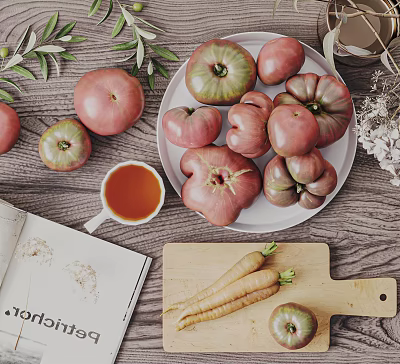 Fresh Vegetables Including Tomatoes and Carrots on Wooden Table with Plate and Cutting Board 3d model