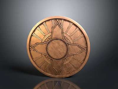 Ornate Round Bronze Shield with Intricate Patterns and Central Radiant Design 3d model