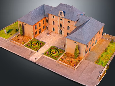 Architectural Model of Courtyard Building with Gray Roofs Orange Brick Walls and Symmetrical Gardens 3d model