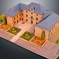 Architectural Model of Courtyard Building with Gray Roofs Orange Brick Walls and Symmetrical Gardens