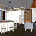 Modern Restaurant Interior With Striped Ceiling Wooden Elements Sofa Seating And Bar Counter