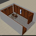 Wooden Display Cabinets and Shelves in Retail Space Interior Layout with Table and Chairs