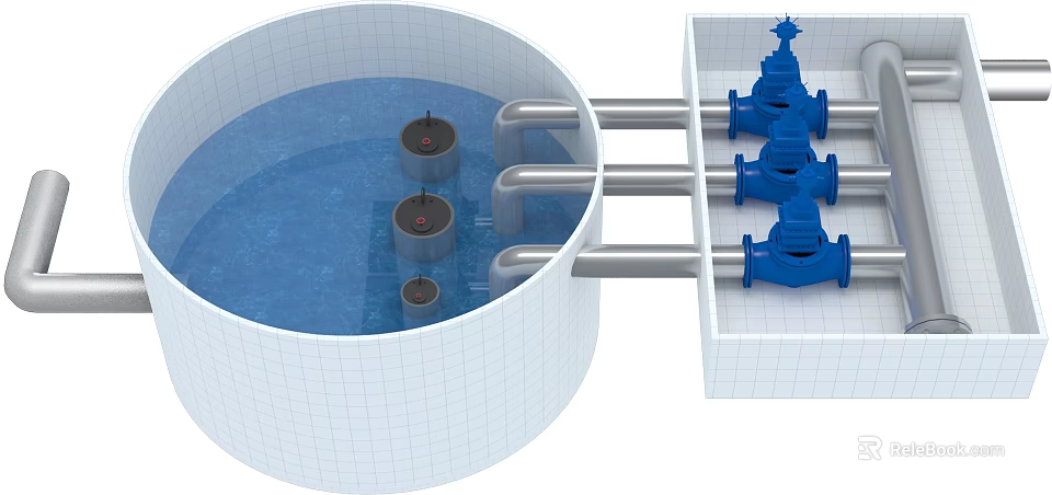 Industrial Equipment Featuring Circular Tank Blue Liquid Internal Devices Connected Pipes And Blue Valves 3d model 