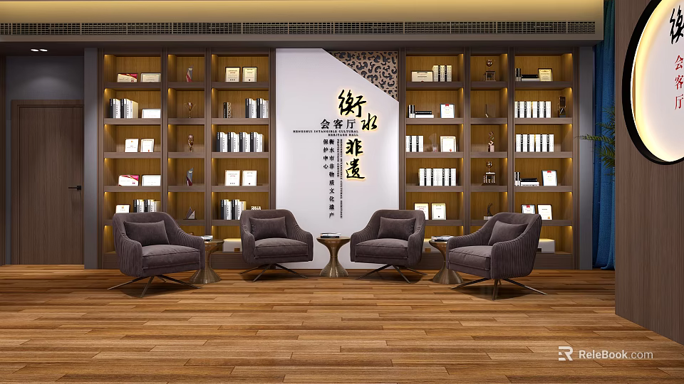 Cozy Leisure Area With Bookshelves Books Chairs Small Tables And Wooden Flooring 3d model 