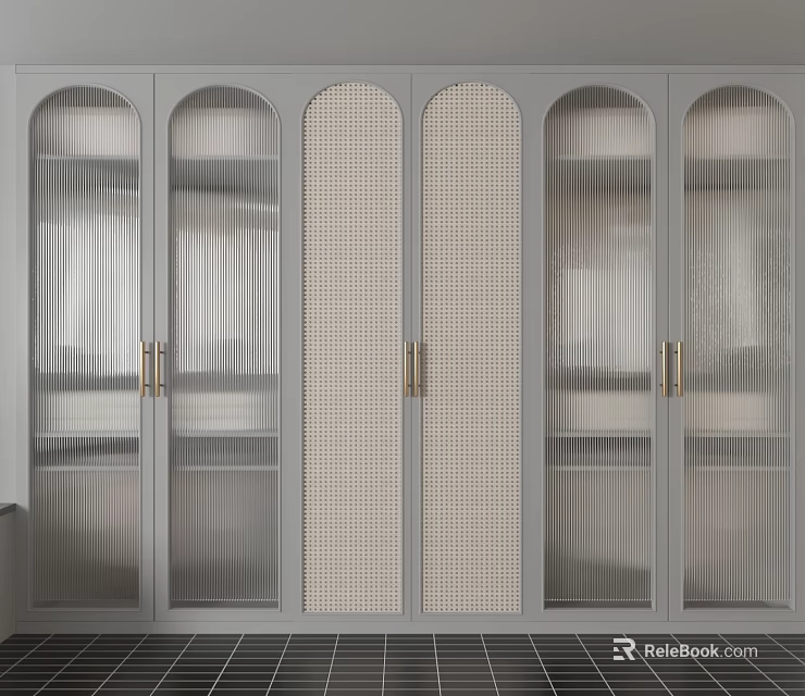 Modern Gray Wardrobe with Arched Glass Doors Brass Handles and Mesh Panels 3d model 