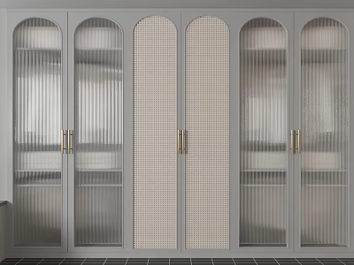 Modern Gray Wardrobe with Arched Glass Doors Brass Handles and Mesh Panels 3d model
