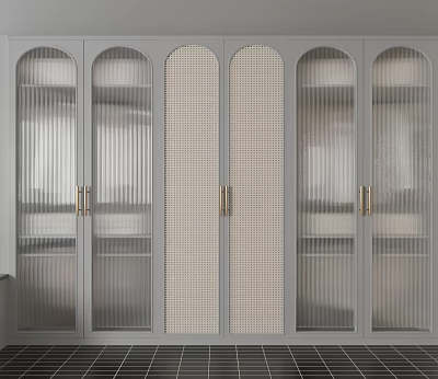 Modern Gray Wardrobe with Arched Glass Doors Brass Handles and Mesh Panels 3d model