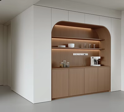 Modern Wooden Sideboard With Arched Open Shelves White Frame And Coffee Machine 3d model