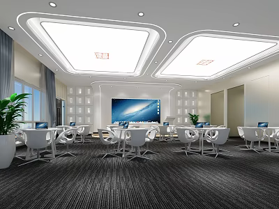 Modern School Study Space With White Tables Chairs Large Screen Green Plants And Bookshelves 3d model