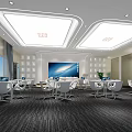 Modern School Study Space With White Tables Chairs Large Screen Green Plants And Bookshelves