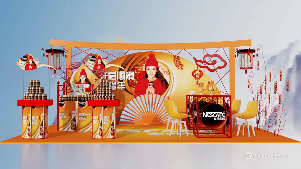 Nescafe New Year Promotion Exhibition Booth With Festive Decor And Red Yellow Design 3d model 