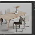 Modern Wooden Rectangular Dining Table Set with Light Gray Chairs and Dried Flower Vase 3d model