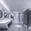 Modern Public Toilet Interior With Circular Mirrors White Washbasin And Grey Stalls