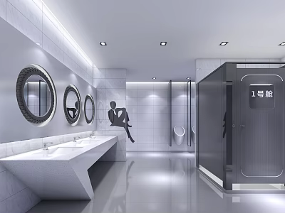 Modern Public Toilet Interior With Circular Mirrors White Washbasin And Grey Stalls 3d model