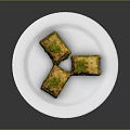 Three Square Crispy Pastry Desserts With Green Topping On White Plate 3d model