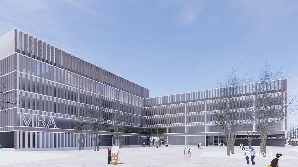 Modern School Building Architectural Facade With Glass Windows Open Plaza Trees And Pedestrians 3d model 