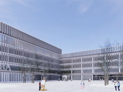 Modern School Building Architectural Facade With Glass Windows Open Plaza Trees And Pedestrians 3d model