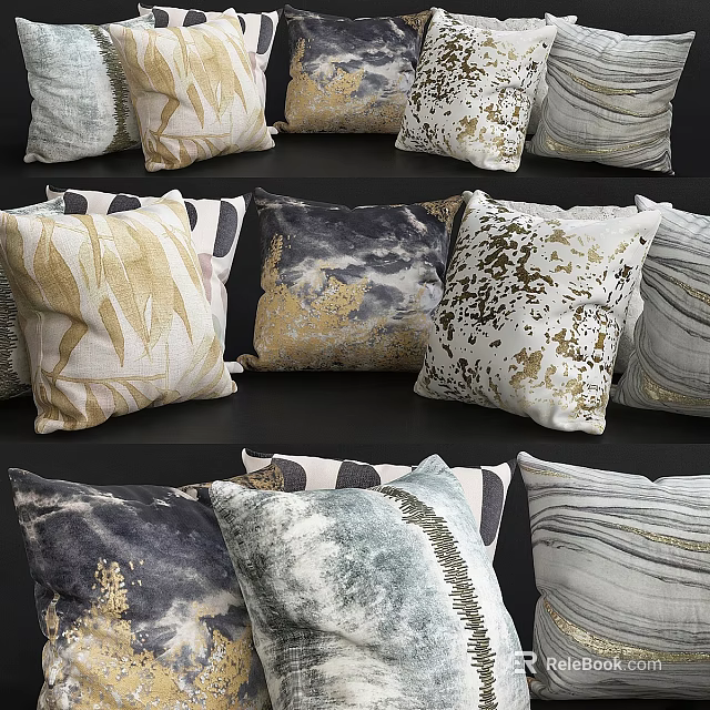 Modern Decorative Throw Pillows With Abstract Patterns Gold Accents Soft Fabric And Multicolor Designs 3d model
