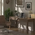 Cozy Home Office Desk With Laptop Leather Chair Table Lamp Green Plants And Framed Artworks