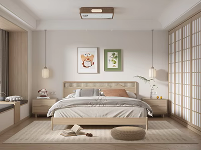 Modern Bedroom Interior With Wooden Bed Artworks Pendant Lights Sliding Wardrobe And Rug 3d model