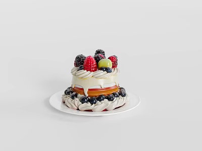 Delicious Two Layer Fruit Topped Cake With Fresh Strawberries Blueberries And Cream On White Plate 3d model
