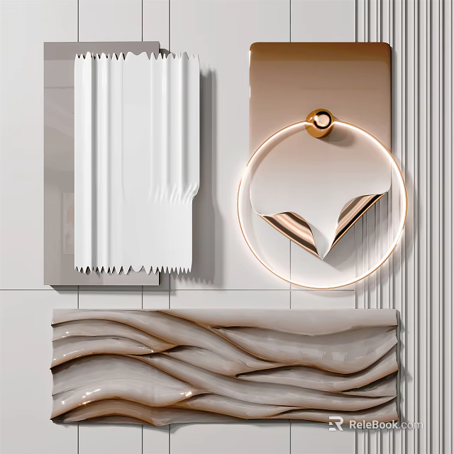 Modern Wall Decor With White Vertical Strips Circular Gold Accent And Wavy Design 3d model 