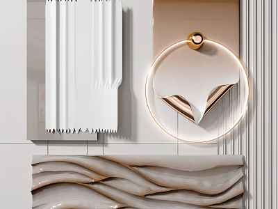 Modern Wall Decor With White Vertical Strips Circular Gold Accent And Wavy Design 3d model