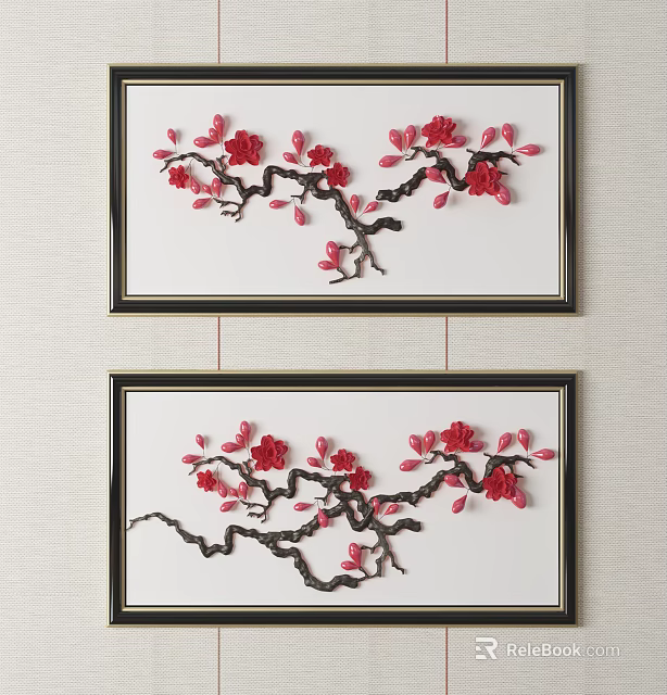 Two Framed Decorative Paintings With Red Flowers And Black Branches For Wall Decor 3d model 