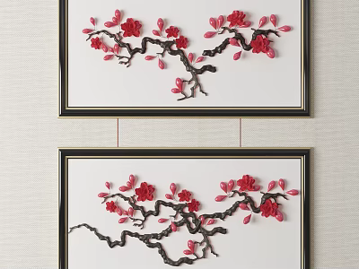 Two Framed Decorative Paintings With Red Flowers And Black Branches For Wall Decor 3d model
