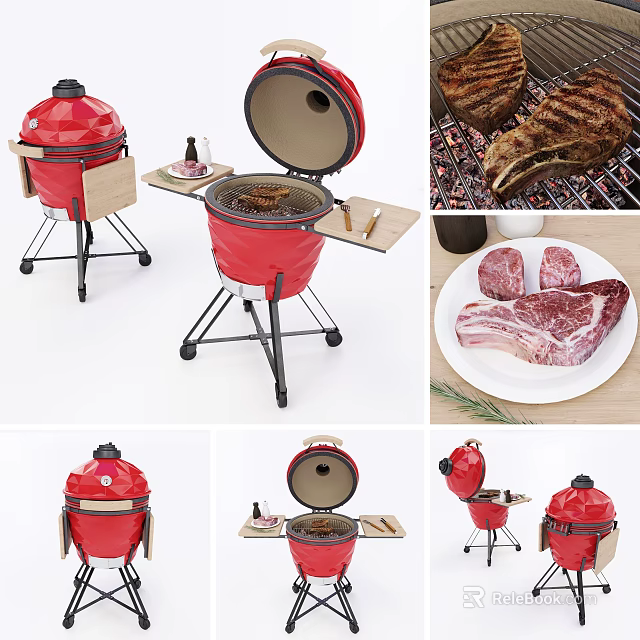 Red Commercial Barbecue Grill With Foldable Side Table And Steak Grilling Feature 3d model 