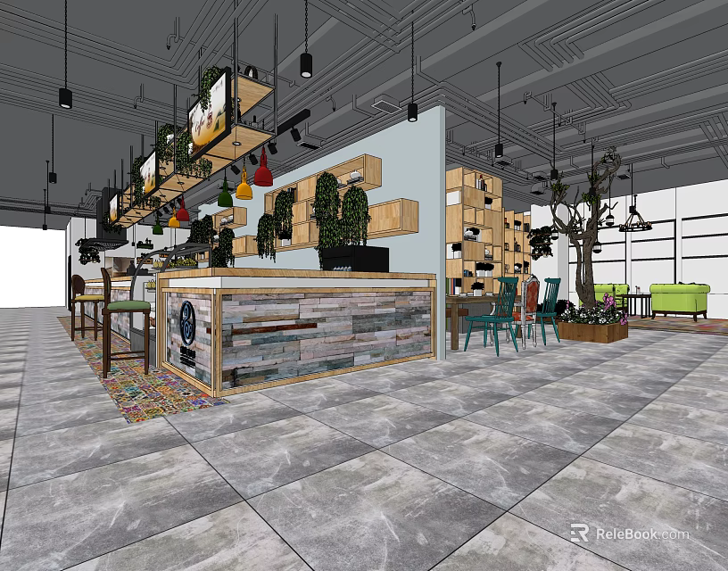 Modern Café Interior Design With Wooden Bar Green Plants And Hanging Lights 3d model 