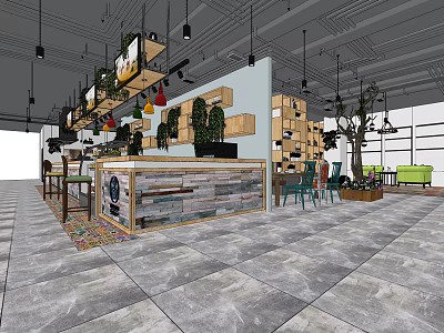 Modern Café Interior Design With Wooden Bar Green Plants And Hanging Lights 3d model