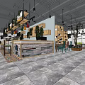 Modern Café Interior Design With Wooden Bar Green Plants And Hanging Lights