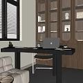 Modern L Shaped Black Desk Interior With Laptop Books Documents And Small Plant