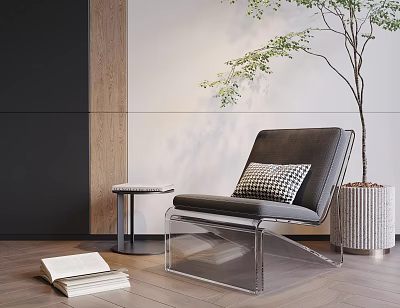 Modern Single Sofa with Transparent Frame Accent Pillow Side Table and Tree on Wooden Floor 3d model