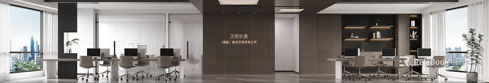 Modern Public Office Space Interior Design With Wooden Wall And Glass Partitions 3d model 