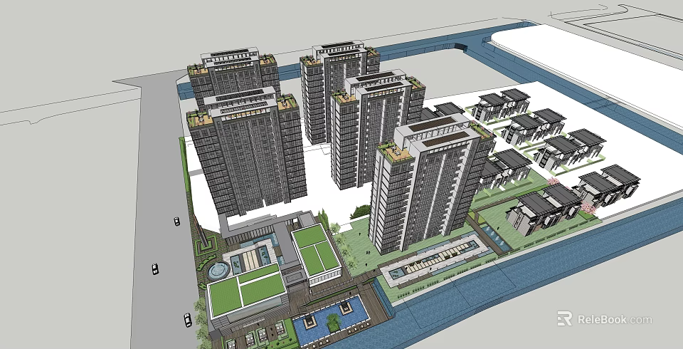 Residential Complex With High Rise And Low Rise Buildings Green Spaces And Water Features 3d model 
