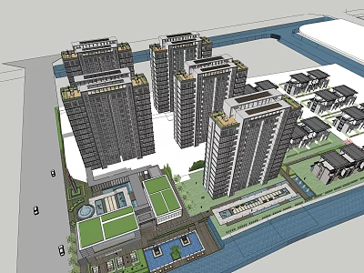 Residential Complex With High Rise And Low Rise Buildings Green Spaces And Water Features 3d model