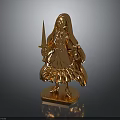 Elegant Detailed Golden Character Statue Holding Weapon Standing On Reflective Platform